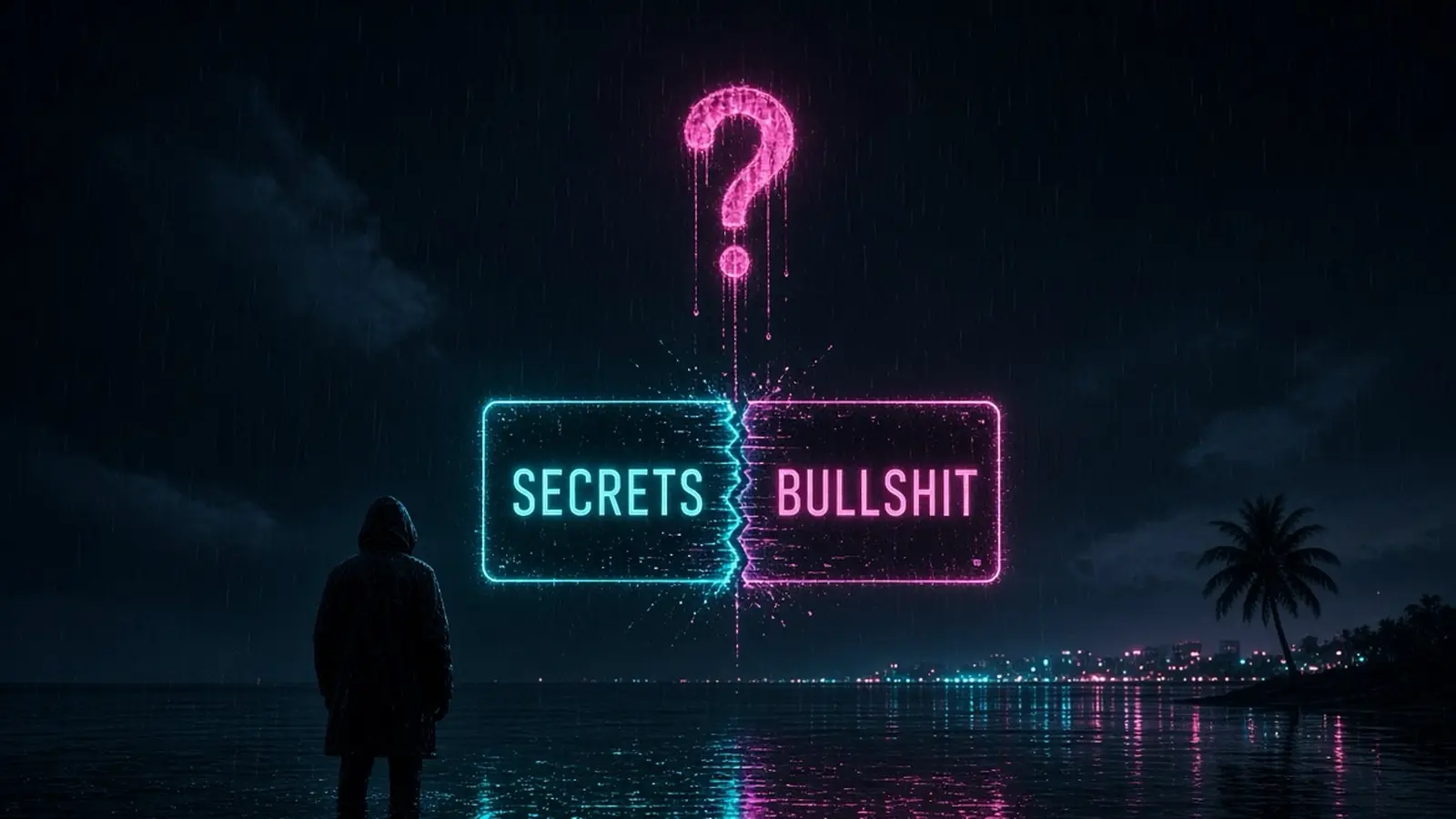 Casino Secrets Curaçao leak: neon sign split into Secrets and Bullshit under a question mark, hooded figure on a rainy shore at night