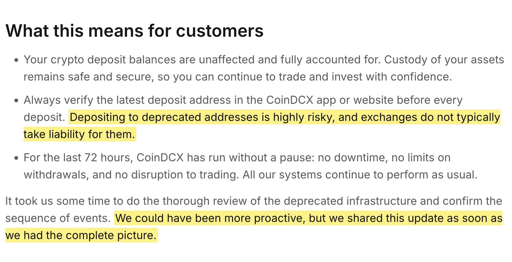 CoinDCX blog: depositing to deprecated addresses is highly risky and exchanges do not typically take liability for them. We could have been more proactive