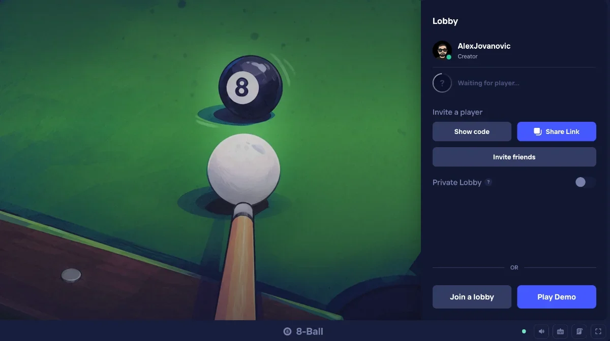 Duel Arena 8 Ball lobby with Show code, Share Link, Invite friends, Private Lobby and Play Demo