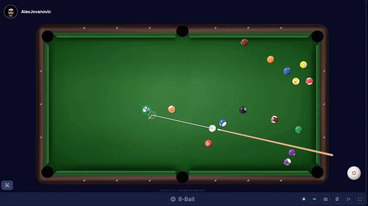 Duel Arena 8 Ball table in a demo game with the cue aimed and the aiming line shown