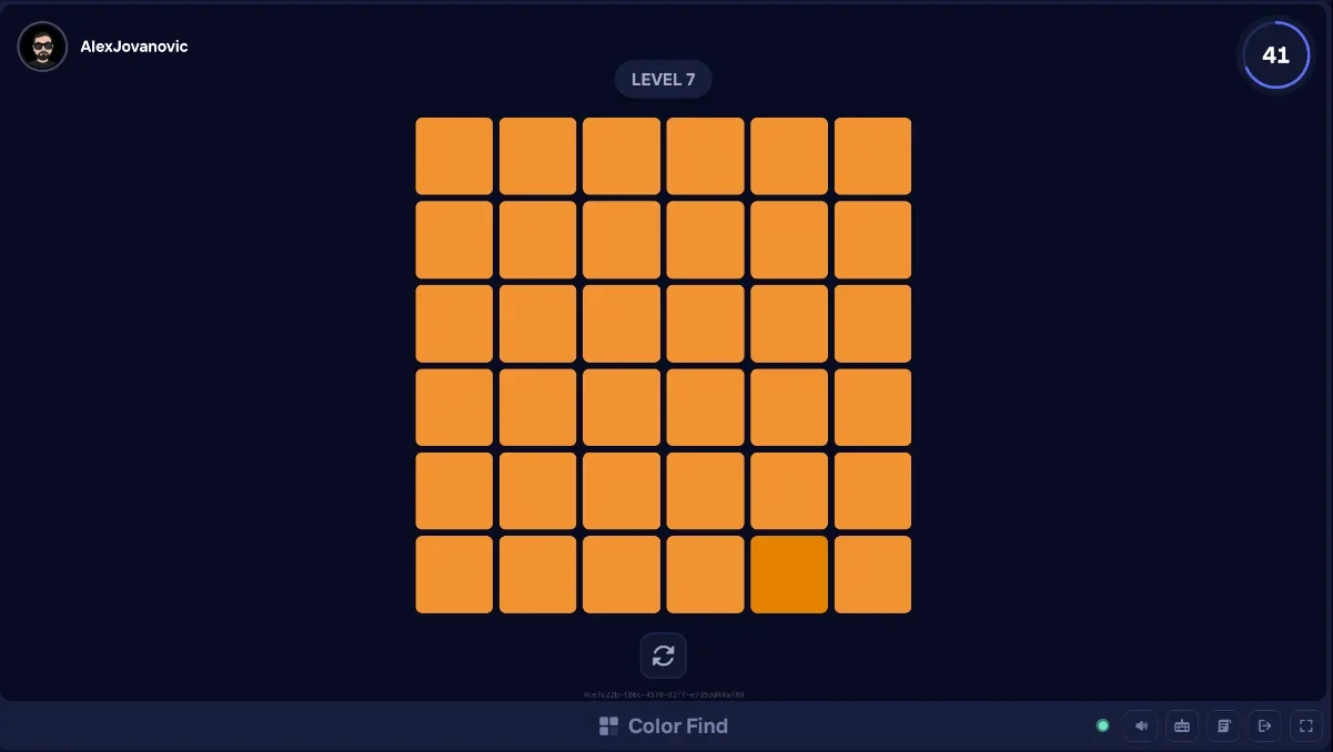Duel Arena Color Find board at level 7, a 6 by 6 grid of orange tiles with one slightly different tile and 41 seconds left