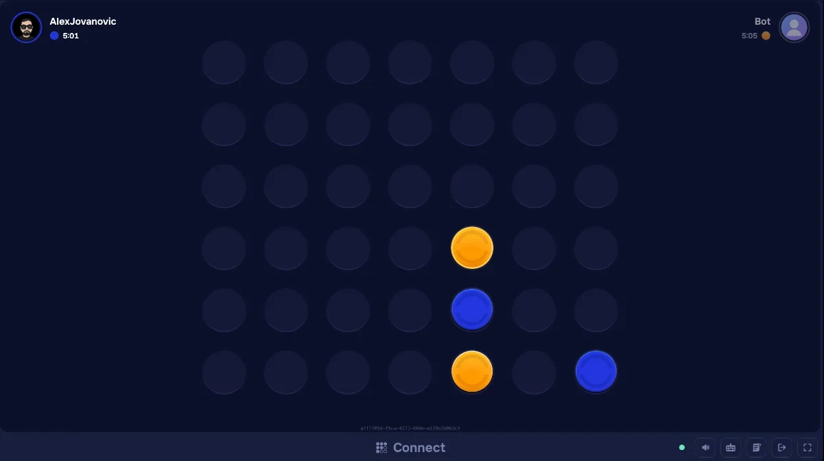 Duel Arena Connect 4 board in practice with orange and blue discs
