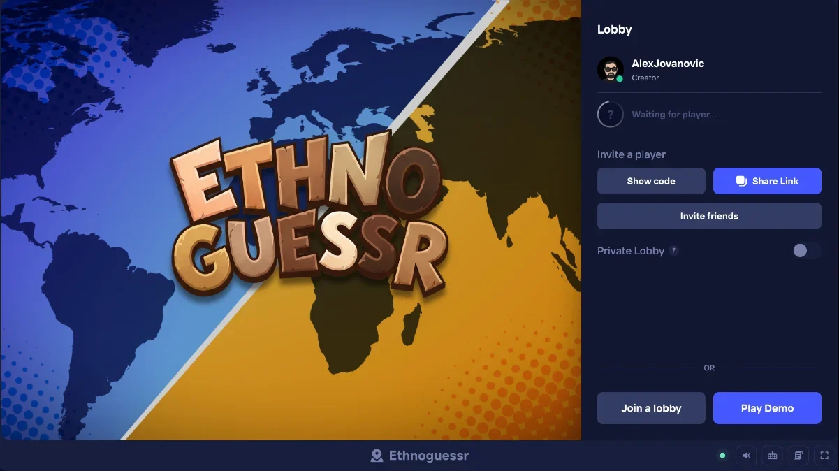 Duel Arena EthnoGuessr lobby with a world map cover and Play Demo