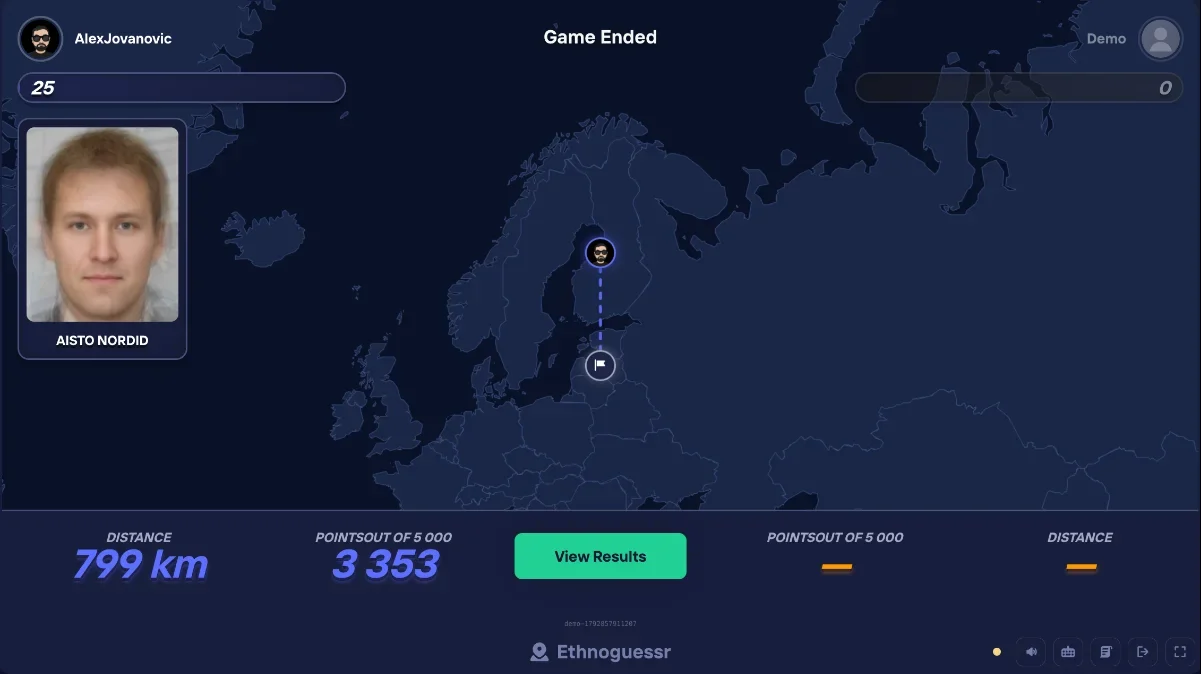 Duel Arena EthnoGuessr demo result with a portrait card labelled with a racial type name, a pin 799 km off and 3,353 points