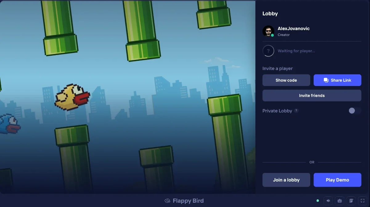Duel Arena Flappy Bird lobby with Play Demo