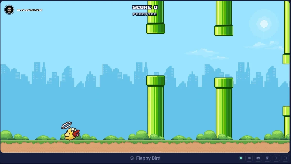 Duel Arena Flappy Bird practice run with score 0, green pipes and a city skyline