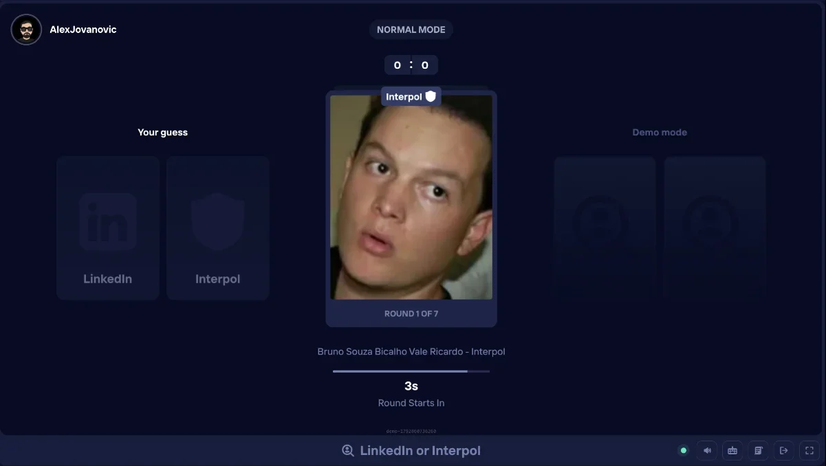 Duel Arena LinkedIn or Interpol demo, round 1 of 7, a face card tagged Interpol with LinkedIn and Interpol answer buttons
