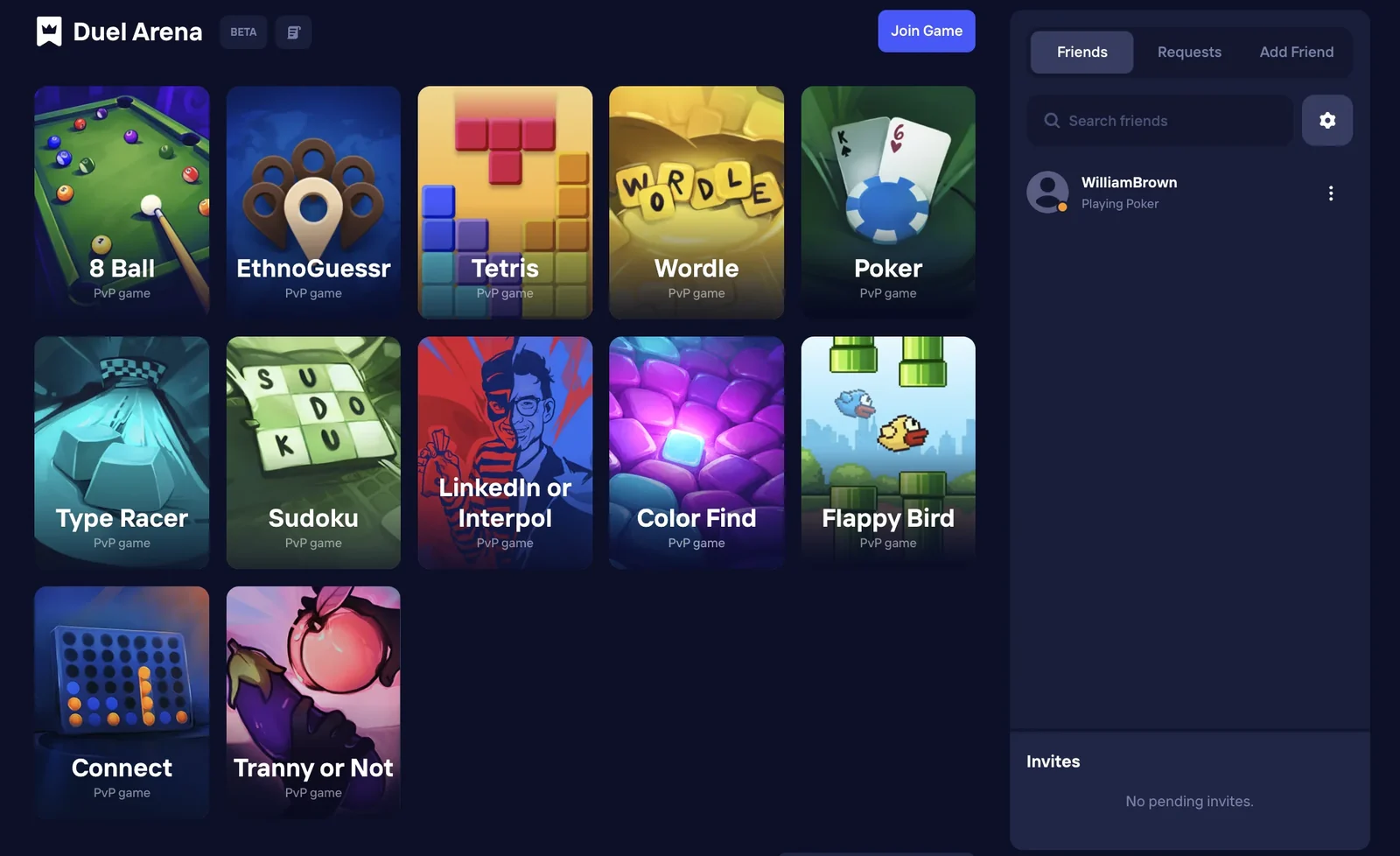 Duel Arena lobby with a BETA badge, a Join Game button, 12 PvP game tiles and a Friends panel