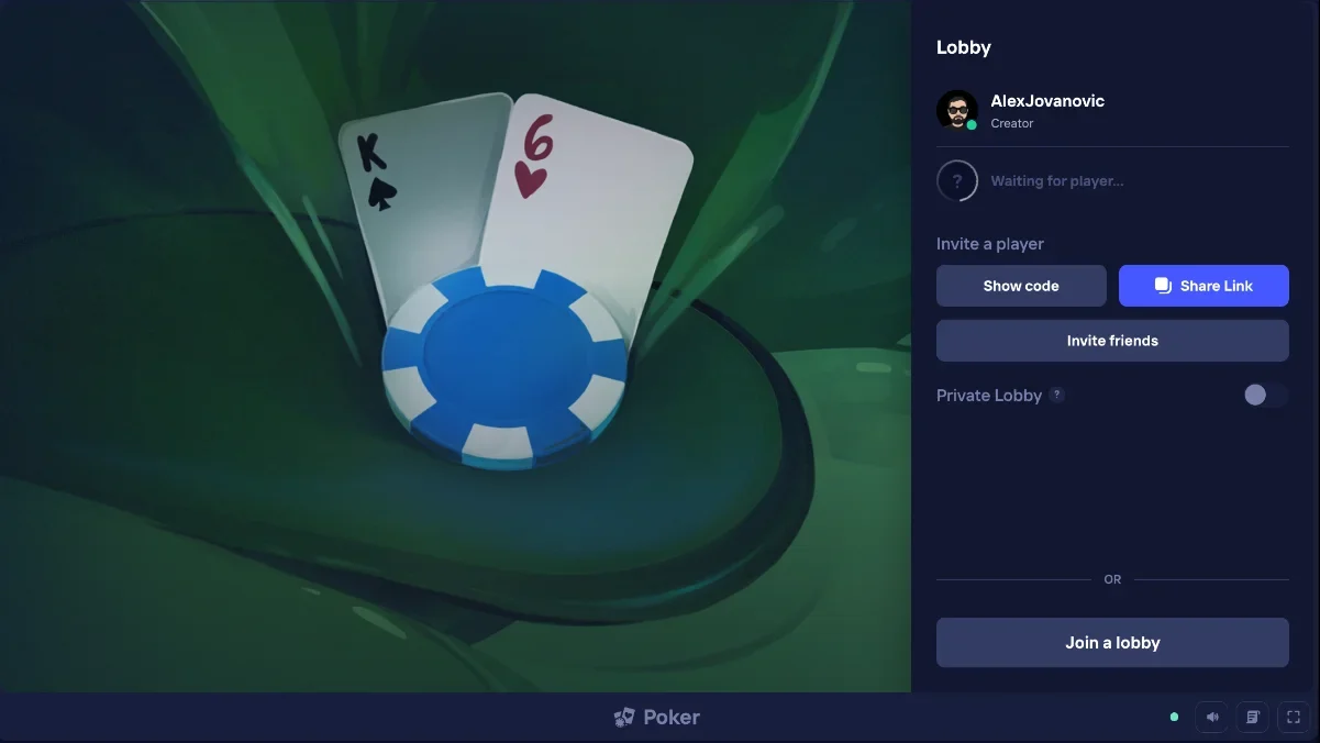 Duel Arena Poker lobby waiting for a player, with Join a lobby below