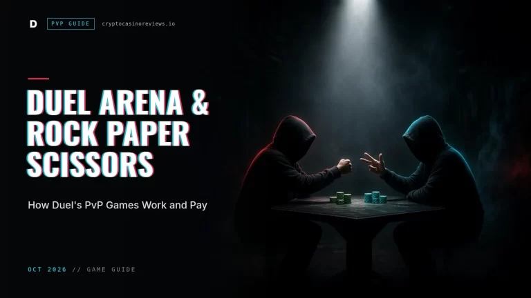 Guide banner: Duel Arena and Rock Paper Scissors, how Duel's PvP games work and pay, with two hooded players throwing rock and scissors over a table of chips