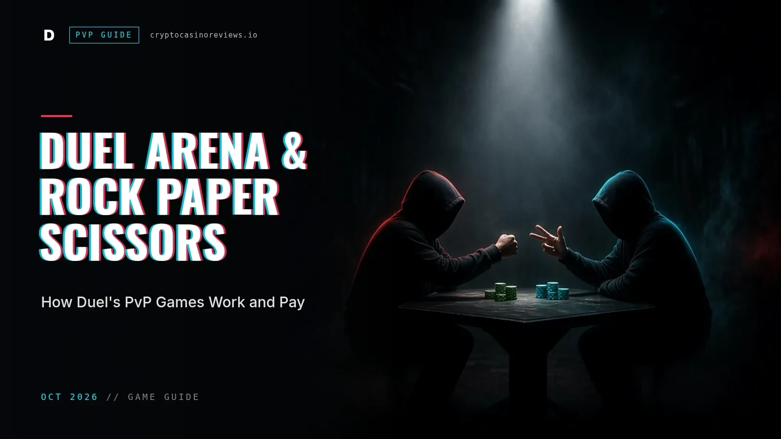 Guide banner: Duel Arena and Rock Paper Scissors, how Duel's PvP games work and pay, with two hooded players throwing rock and scissors over a table of chips