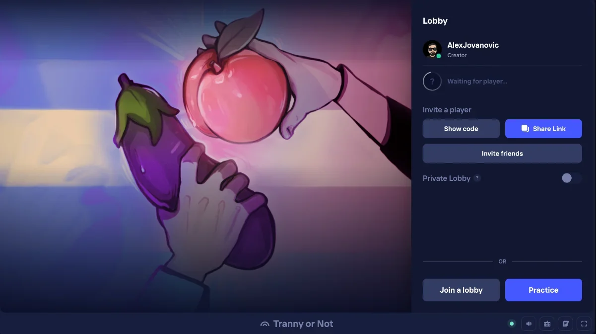 Lobby of the twelfth Duel Arena game, whose title uses an anti-trans slur, with Practice