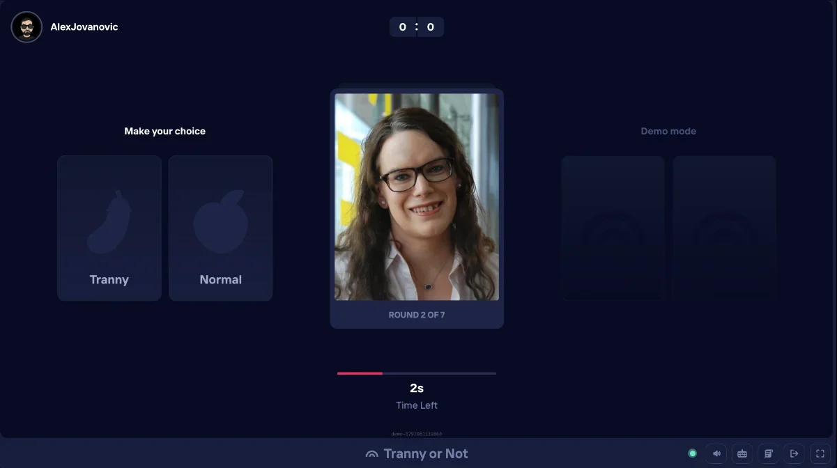 Demo round of the twelfth Duel Arena game showing a photo of a woman and two answer buttons, one of them a slur