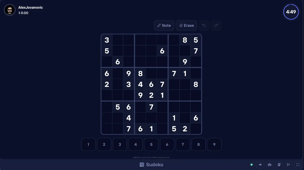 Duel Arena Sudoku grid with a 4:49 timer, Note and Erase tools and a number pad