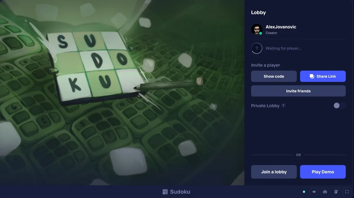 Duel Arena Sudoku lobby with Play Demo