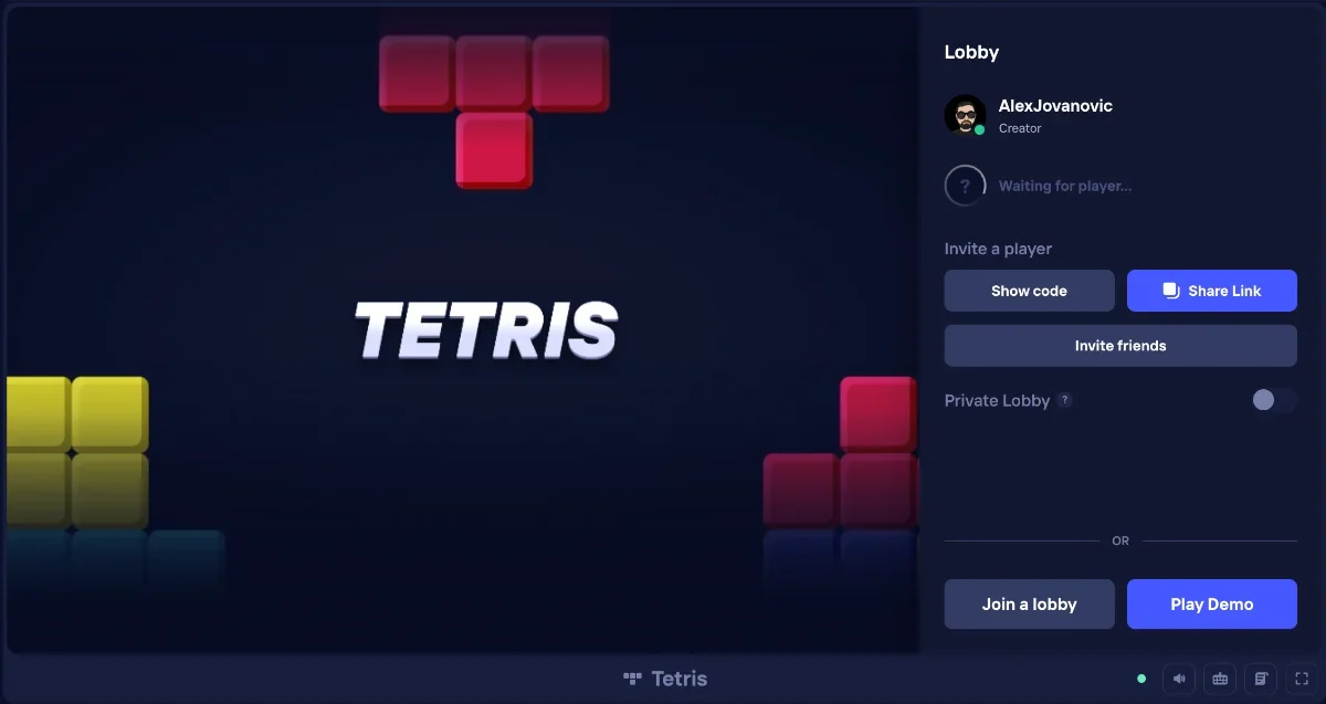 Duel Arena Tetris lobby with Play Demo