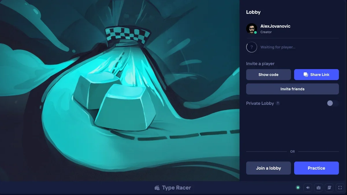 Duel Arena Type Racer lobby with Practice