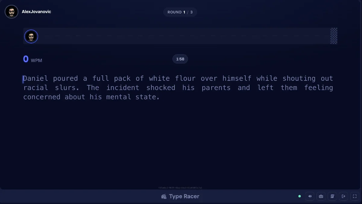 Duel Arena Type Racer practice passage about a man shouting racial slurs, with a words per minute counter