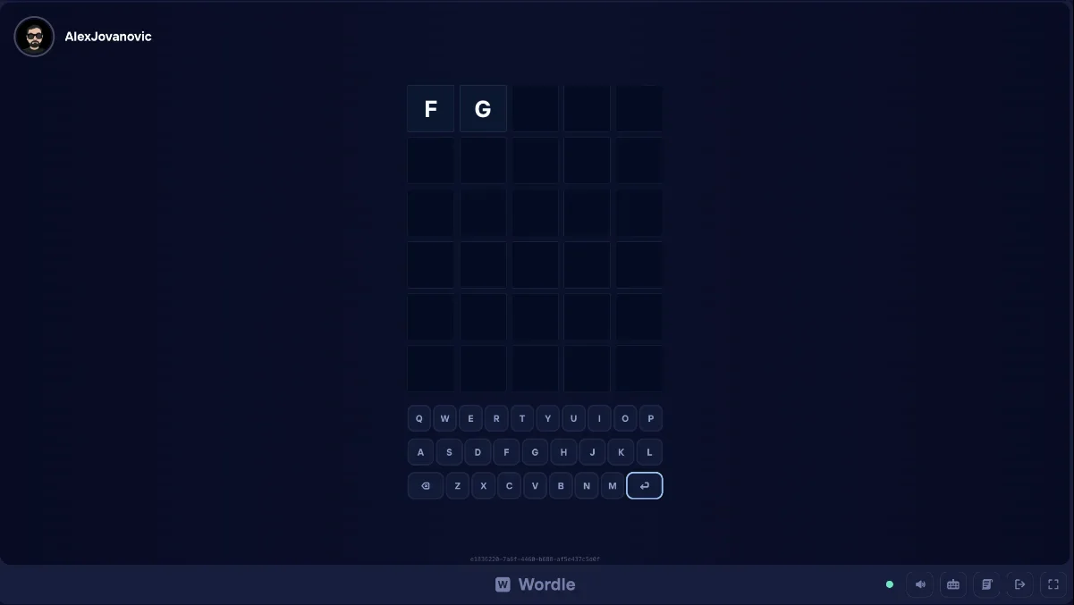 Duel Arena Wordle board with the first letters typed and an on-screen keyboard