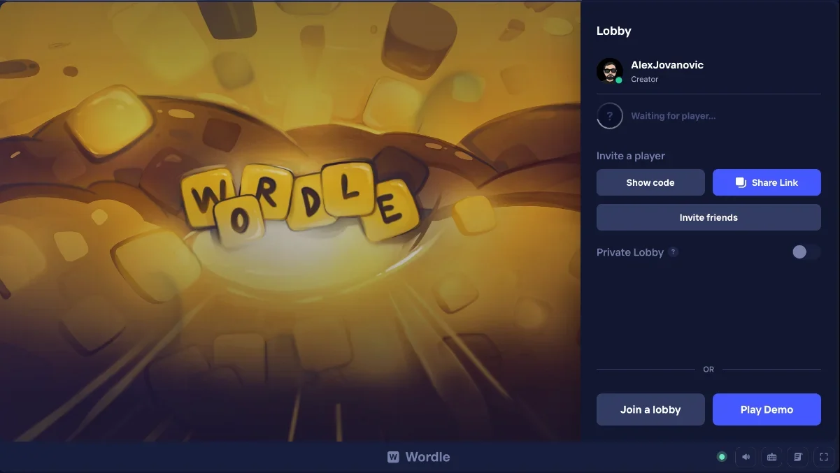 Duel Arena Wordle lobby with Play Demo