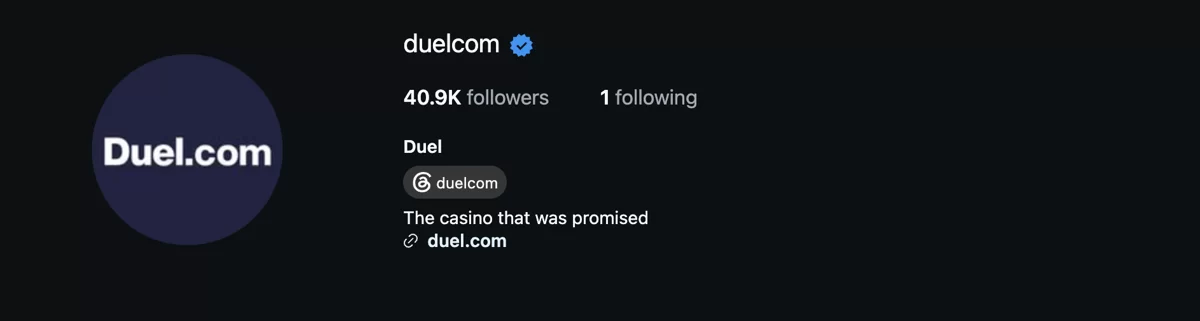 The duelcom Instagram profile on 2 October 2026: verified badge, 40.9K followers, the bio The casino that was promised and a link to duel.com