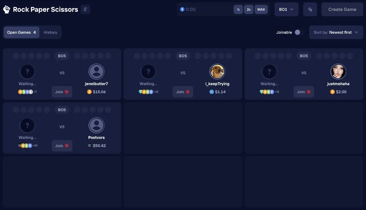 Duel Rock Paper Scissors lobby with four open best of five games at stakes of 15.06, 1.14, 2.00 and 50.42 dollars