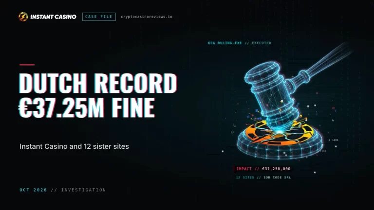Case file banner: Dutch record 37.25 million euro fine for Instant Casino operator EOD Code SRL, with a judge gavel striking a casino chip
