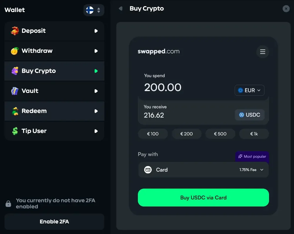 Gamdom Buy Crypto tab running a swapped.com widget that converts 200 euro into USDC with a 1.75 percent card fee