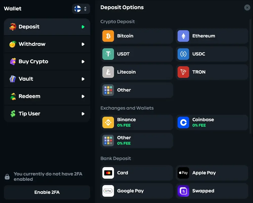 Gamdom deposit panel with Bitcoin, Ethereum, USDT, USDC, Litecoin and TRON, plus Binance and Coinbase marked zero fee