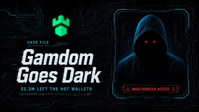 Illustration of a hooded figure at a laptop under the headline Gamdom Goes Dark, with the labels Case File, $2.3M left the hot wallets and Unauthorized access