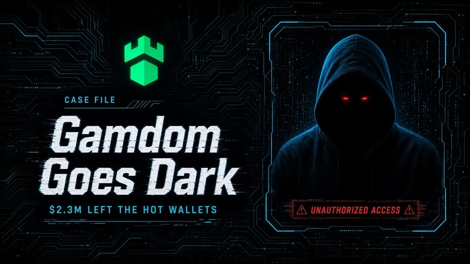 Illustration of a hooded figure at a laptop under the headline Gamdom Goes Dark, with the labels Case File, $2.3M left the hot wallets and Unauthorized access