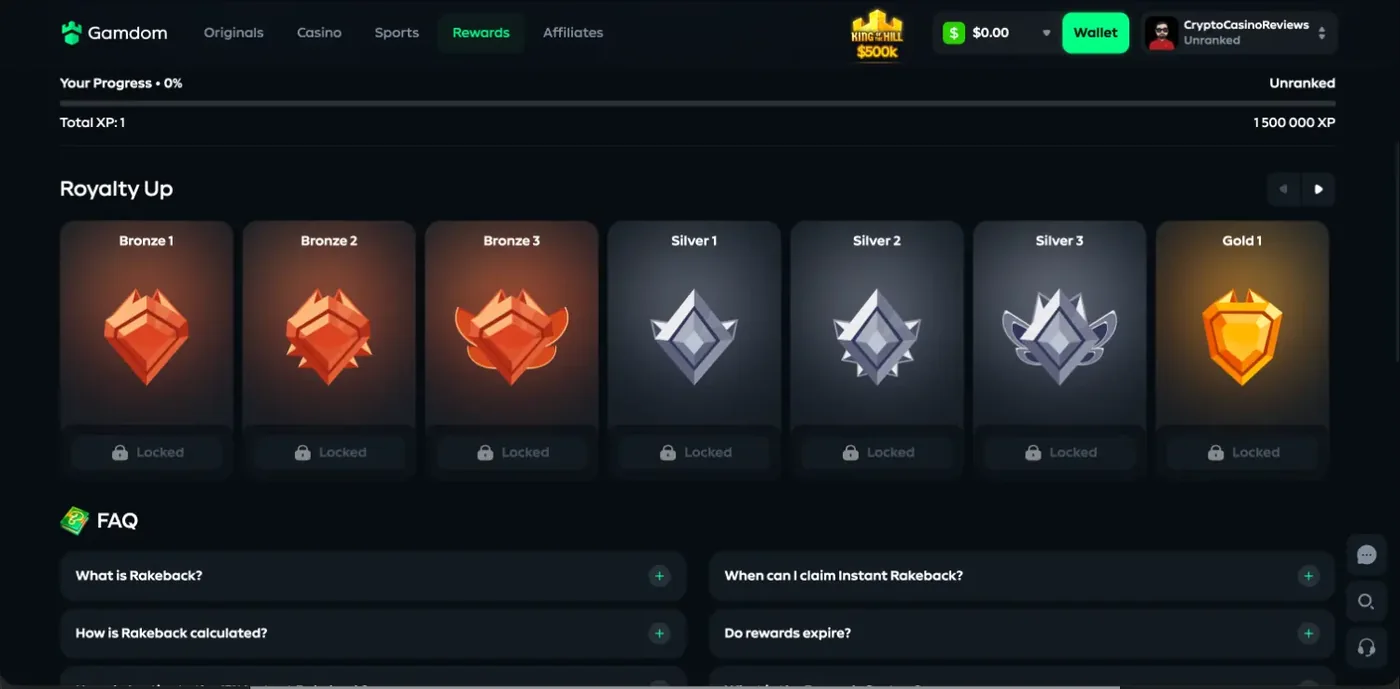 Gamdom rewards page showing the Royalty Up ladder from Bronze 1 to Gold 1 with locked cards and an XP progress bar