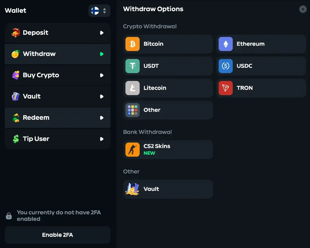 Gamdom withdraw panel with six crypto options, CS2 skins marked new and the Vault, and no card or bank option