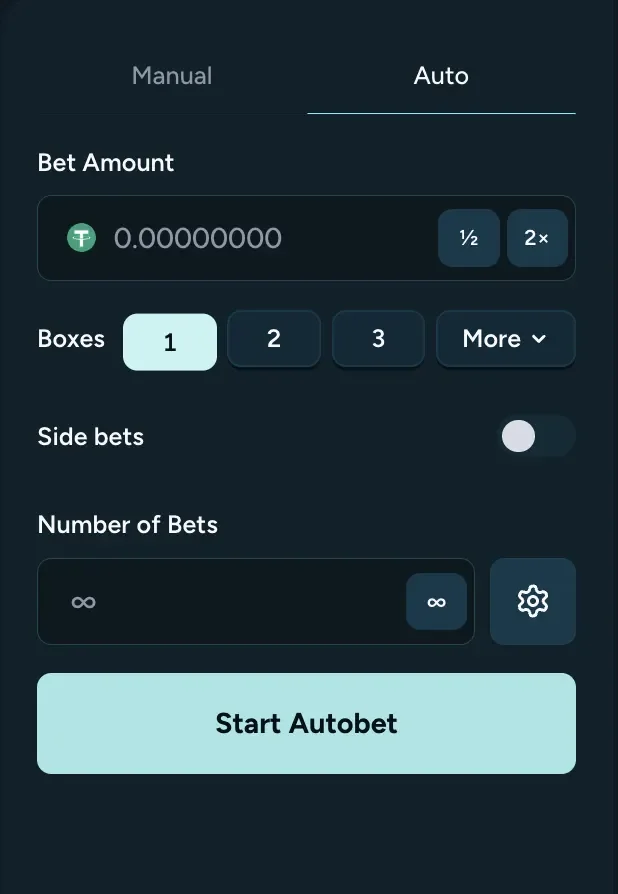 Housebets Blackjack Auto tab with Bet Amount in USDT, Boxes 1, 2, 3 and More, a Side bets switch, Number of Bets with an infinity key, a settings gear and Start Autobet