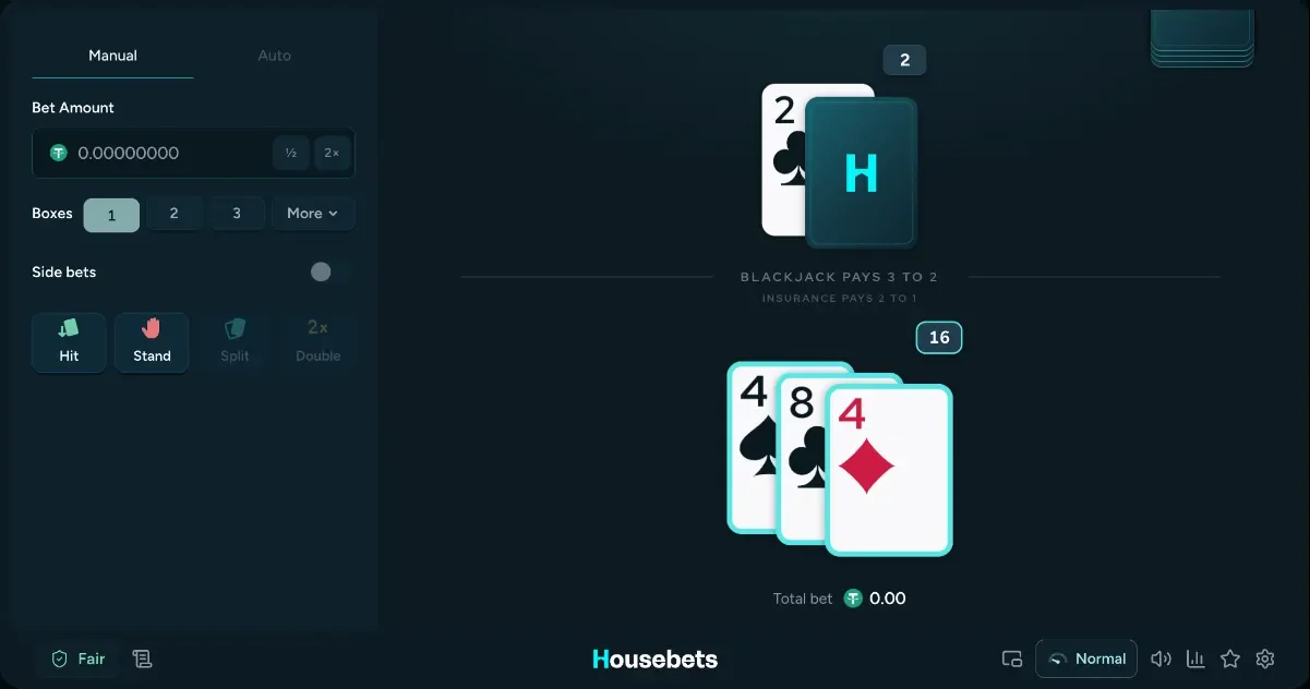 Housebets Blackjack table with the dealer showing a 2 and a face-down card, the player on 16 with 4, 8 and 4, Hit and Stand lit, Split and Double greyed out, one box picked and the side bets switch off
