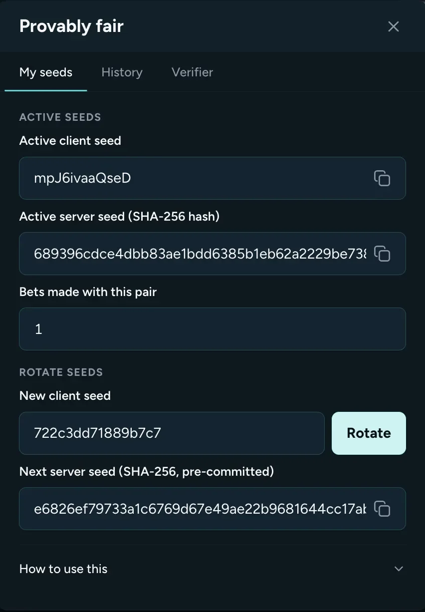 Housebets Blackjack Provably fair panel, My seeds tab, with the active client seed, the active server seed hash, Bets made with this pair 1, a new client seed, Rotate and the next server seed hash