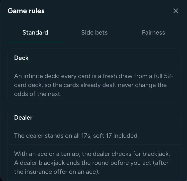 Housebets Blackjack Game rules window, Standard tab, with the Deck rule for an infinite 52 card deck and the Dealer rules on soft 17 and the blackjack check