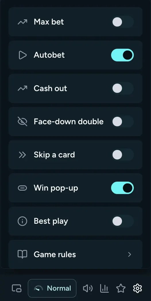 Housebets Blackjack Settings panel with switches for Max bet, Autobet, Cash out, Face-down double, Skip a card, Win pop-up and Best play, and a Game rules link