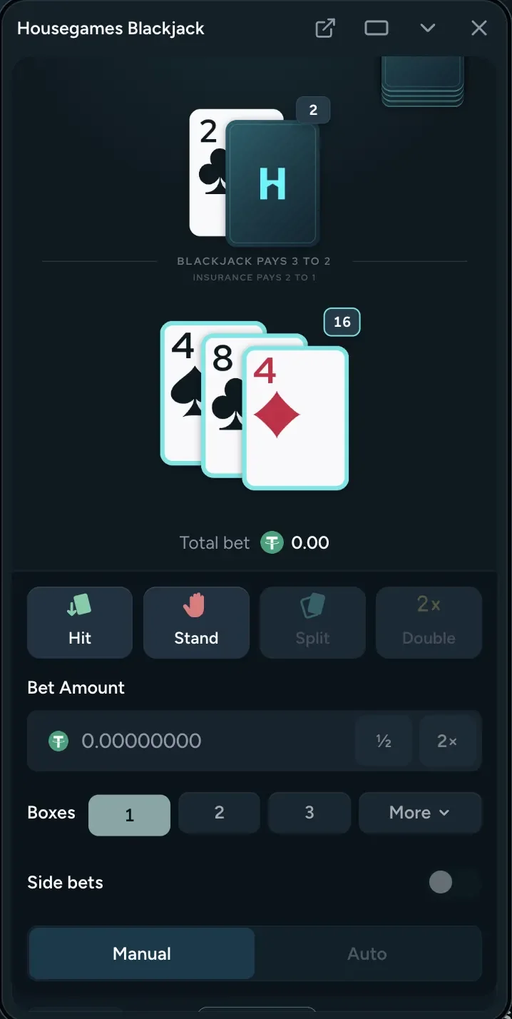 Housebets Blackjack in a separate mini player window titled Housegames Blackjack, with the dealer on 2, the player on 16, Hit, Stand, Split and Double, Bet Amount, Boxes and Side bets