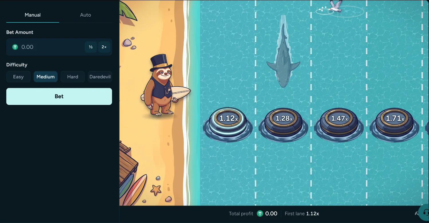 Housebets Hubie's Road board on Medium before a bet: Hubie the sloth on the beach with a surfboard, buoys marked 1.12x, 1.28x, 1.47x and 1.71x, and the bet panel on the left