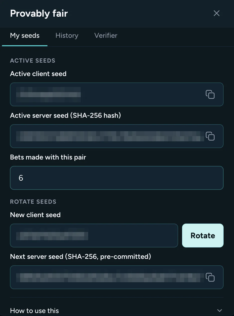 Housebets Hubie's Road Provably fair panel, My seeds tab, with active client seed, active server seed hash, Bets made with this pair 6, Rotate seeds and the next server seed hash