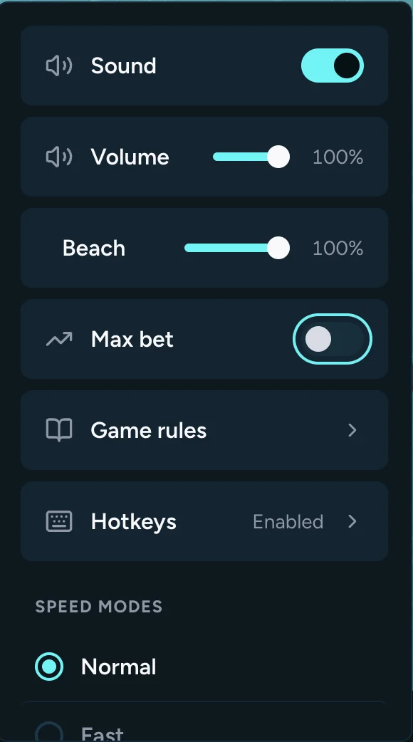 Housebets Hubie's Road Settings panel with Sound, Volume, Beach, Max bet, Game rules, Hotkeys Enabled and Speed modes Normal and Fast