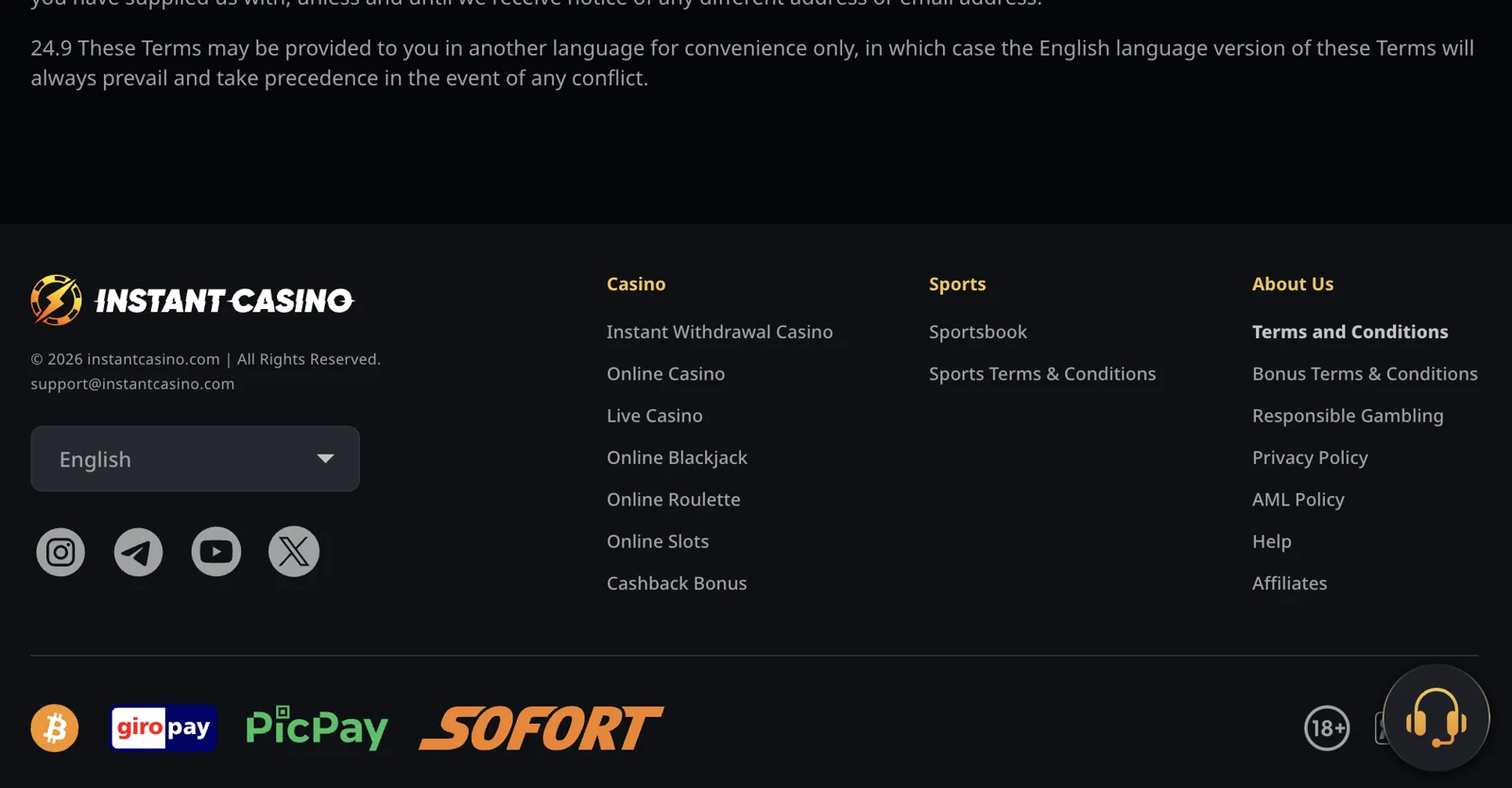 Instantcasino footer on 23 October 2026 showing only a copyright line and a support address, with no company name or licence