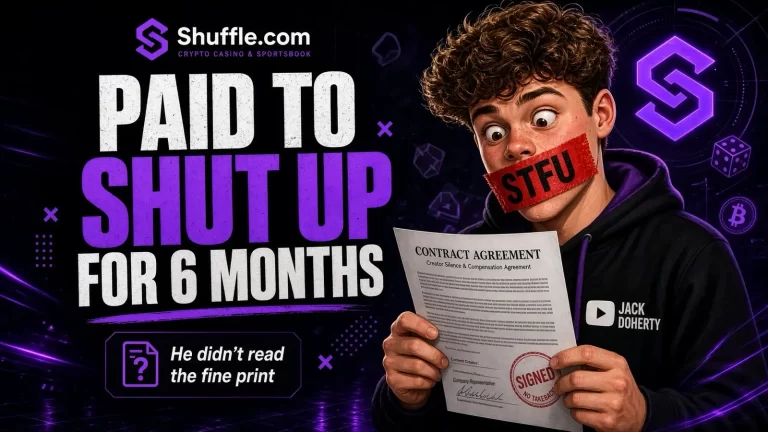 Illustration of a young man with red STFU tape over his mouth reading a signed contract, next to the Shuffle.com logo and the words Paid to shut up for 6 months
