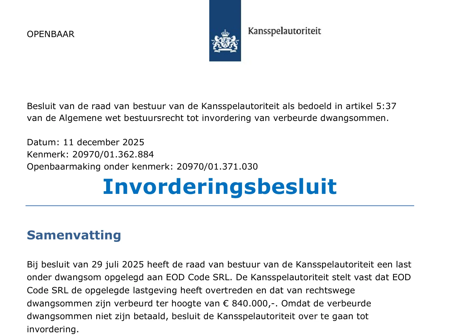 First page of the Ksa collection decision of 11 December 2025 on 840,000 euro in forfeited penalty payments owed by EOD Code