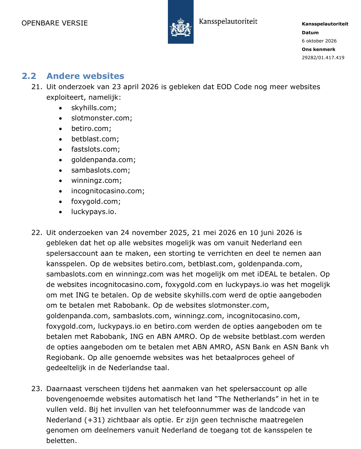 Ksa decision listing 11 more EOD Code websites and the Dutch payment options found on them
