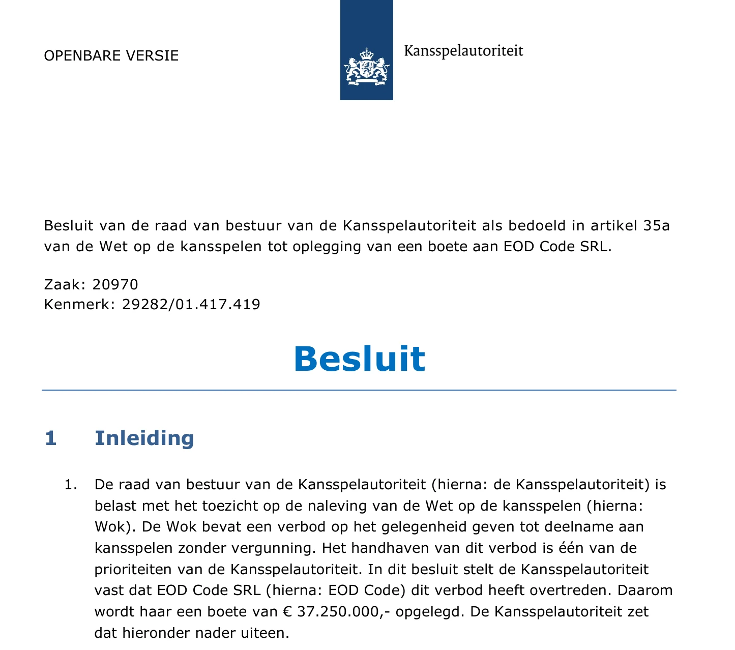 First page of the Ksa fine decision against EOD Code SRL, case 20970, setting a fine of 37,250,000 euro
