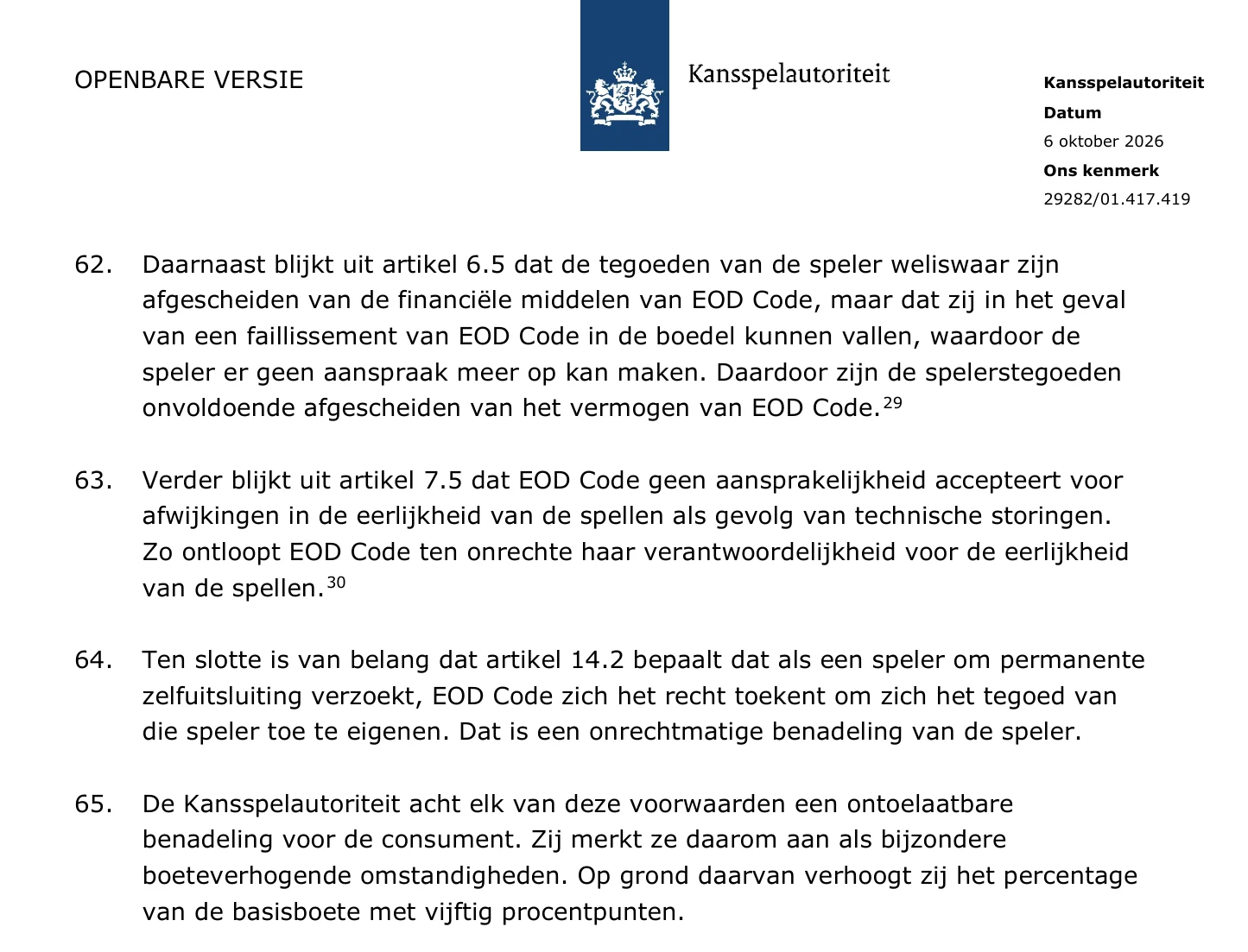 Ksa decision paragraphs on the insolvency, game fault and permanent self-exclusion clauses in the EOD Code terms