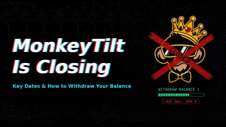 Illustration of the MonkeyTilt monkey crossed out with the word Closed, a Withdraw balance progress bar and the label Last call: Nov 9, under the headline MonkeyTilt Is Closing