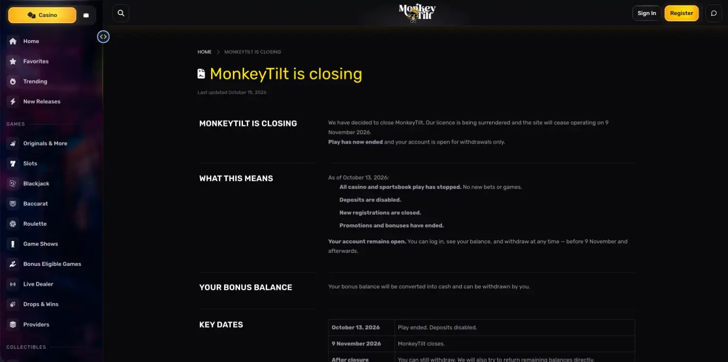 The MonkeyTilt is closing page, last updated October 15, 2026: play ended, the site closes on 9 November 2026